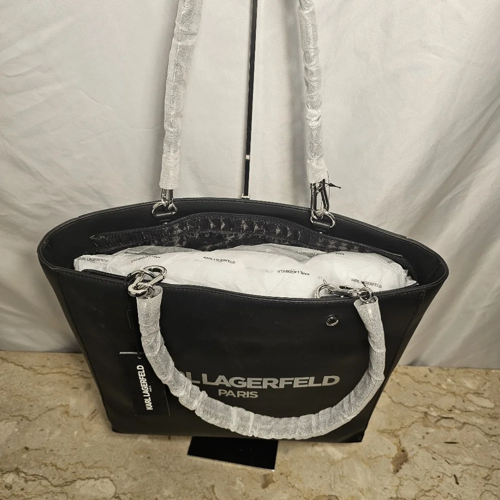 Karl Lagerfeld Paris Adele Black Zipperred Double Handled Tote Bag - Picture 7 of 9